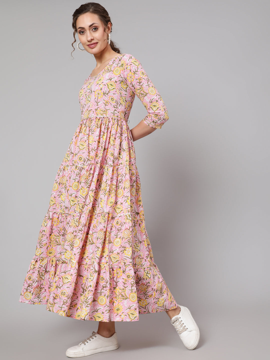 DRESS - PINK, COTTON PRINTED ROUND NECK FLARED