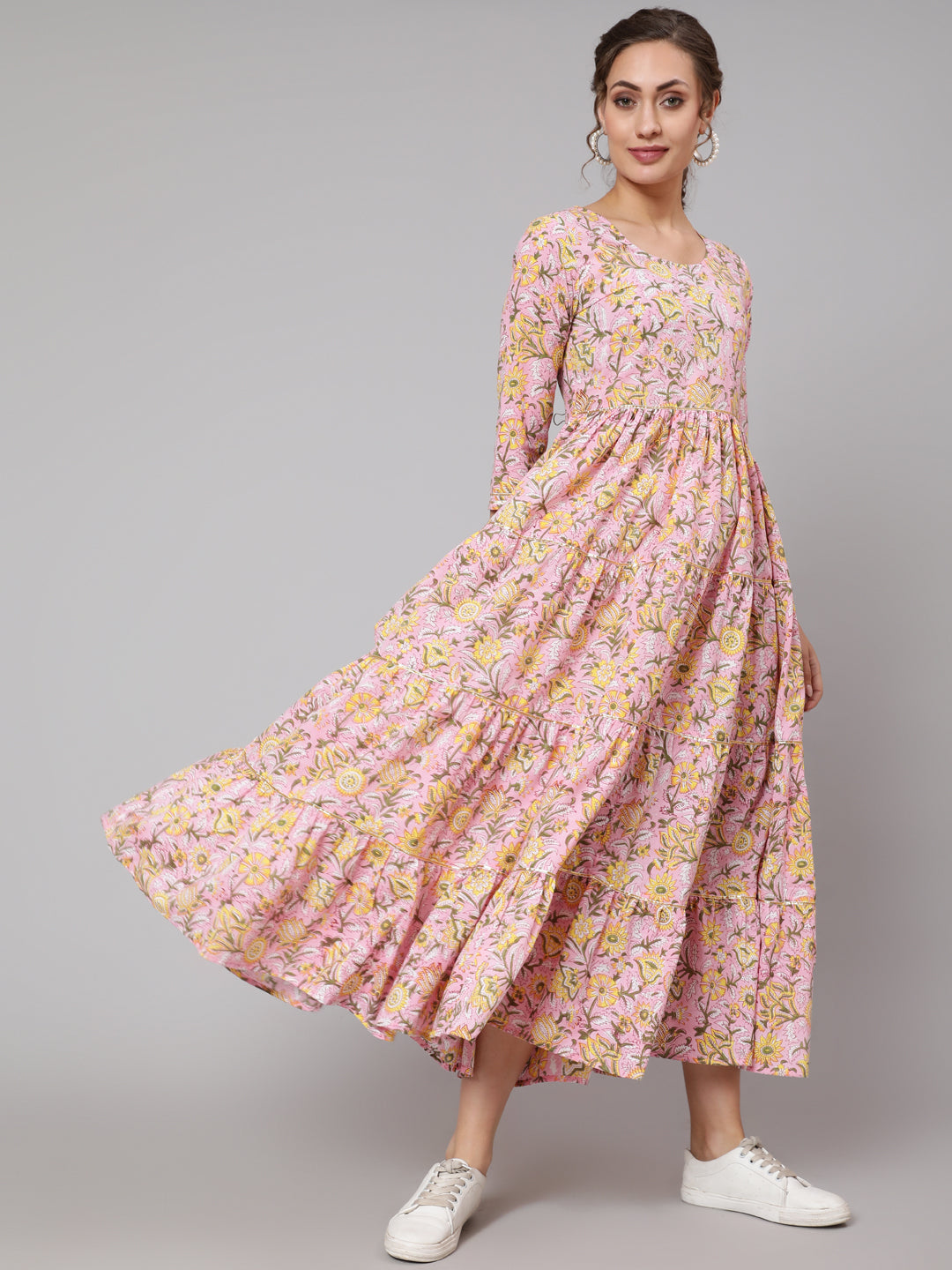 DRESS - PINK, COTTON PRINTED ROUND NECK FLARED