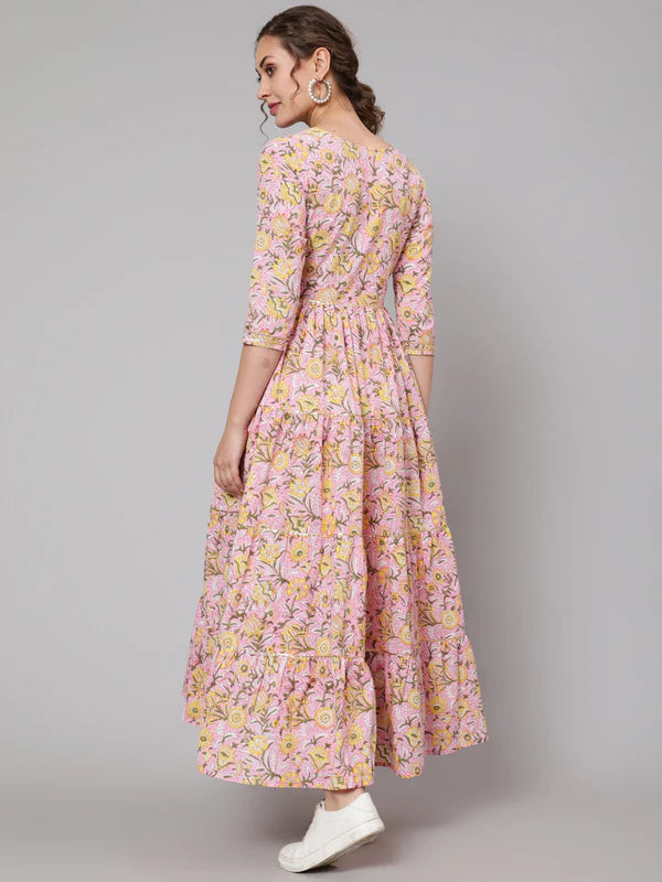 DRESS - PINK, COTTON PRINTED ROUND NECK FLARED