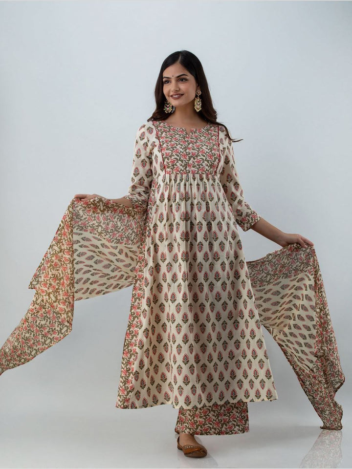 DUPATTA SET - Printed Cotton Round Neck 3/4 Sleeve Flared Calf Length Kurta Set