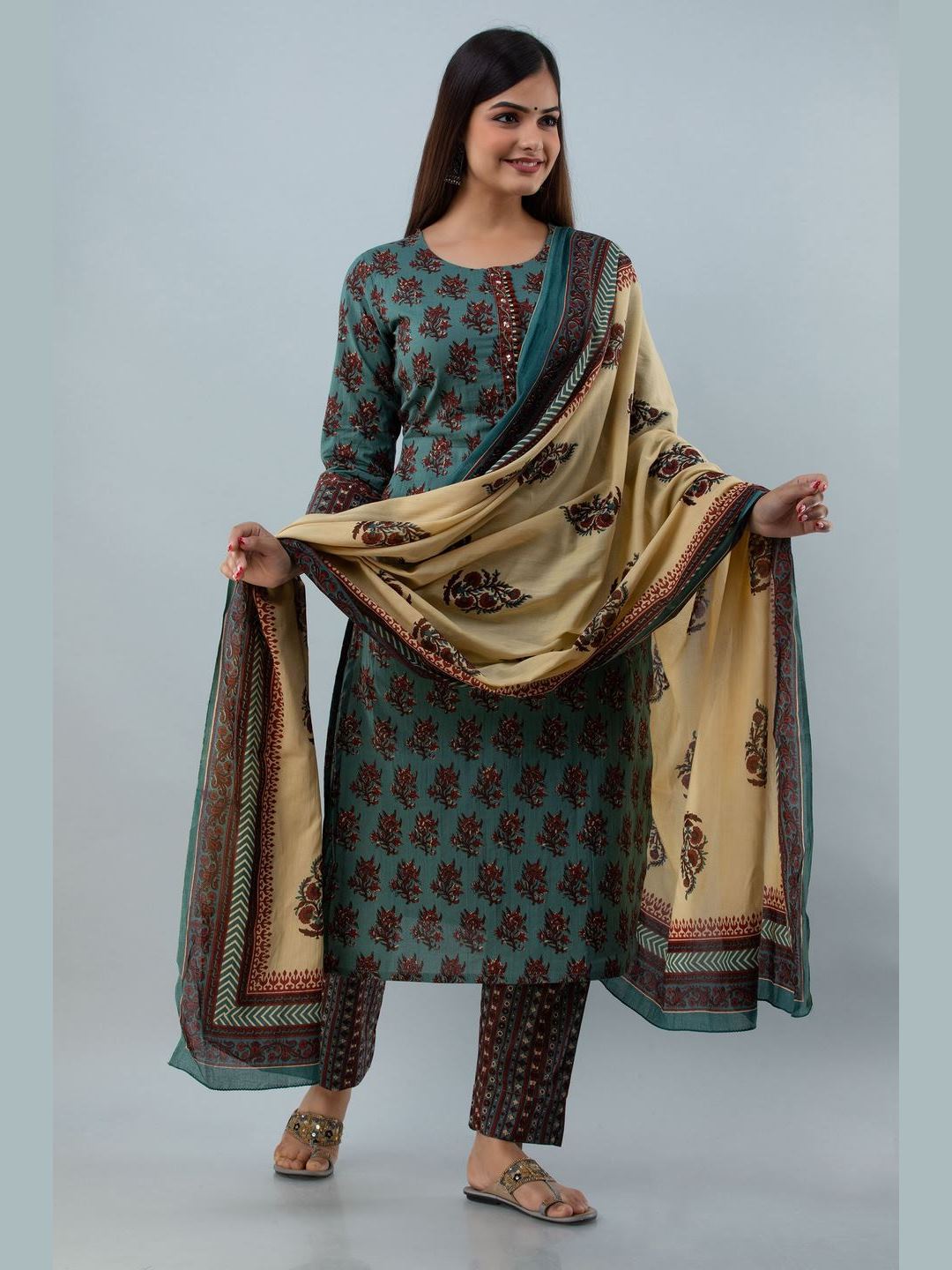 DUPATTA SET - Printed Cotton Round Neck 3/4 Sleeve Straight Calf Kurta Set