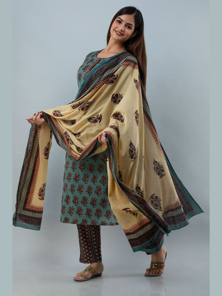 DUPATTA SET - Printed Cotton Round Neck 3/4 Sleeve Straight Calf Kurta Set