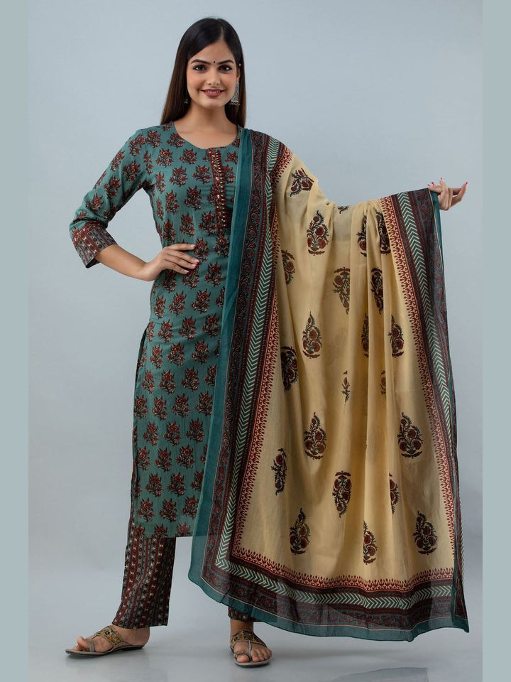 DUPATTA SET - Printed Cotton Round Neck 3/4 Sleeve Straight Calf Kurta Set