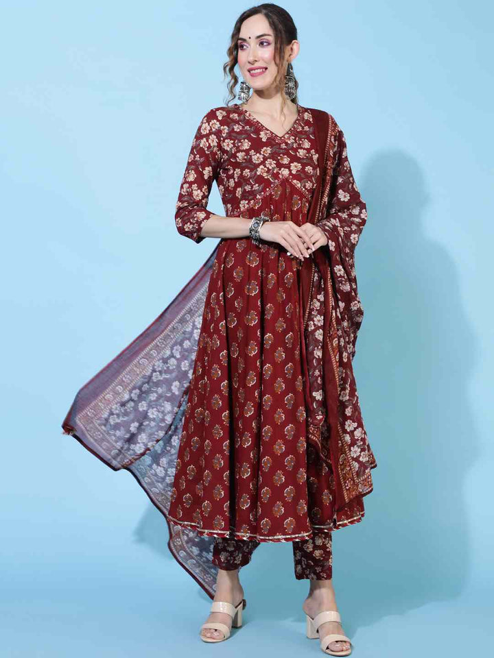 DUPATTA SET - MAROON, COTTON CALF LENGTH PRINTED FLARED