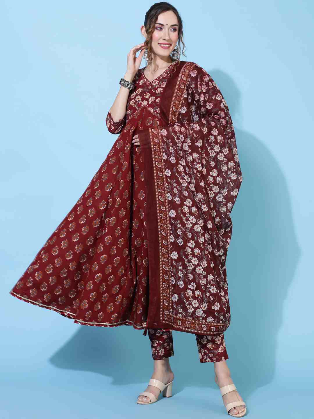 DUPATTA SET - MAROON, COTTON CALF LENGTH PRINTED FLARED