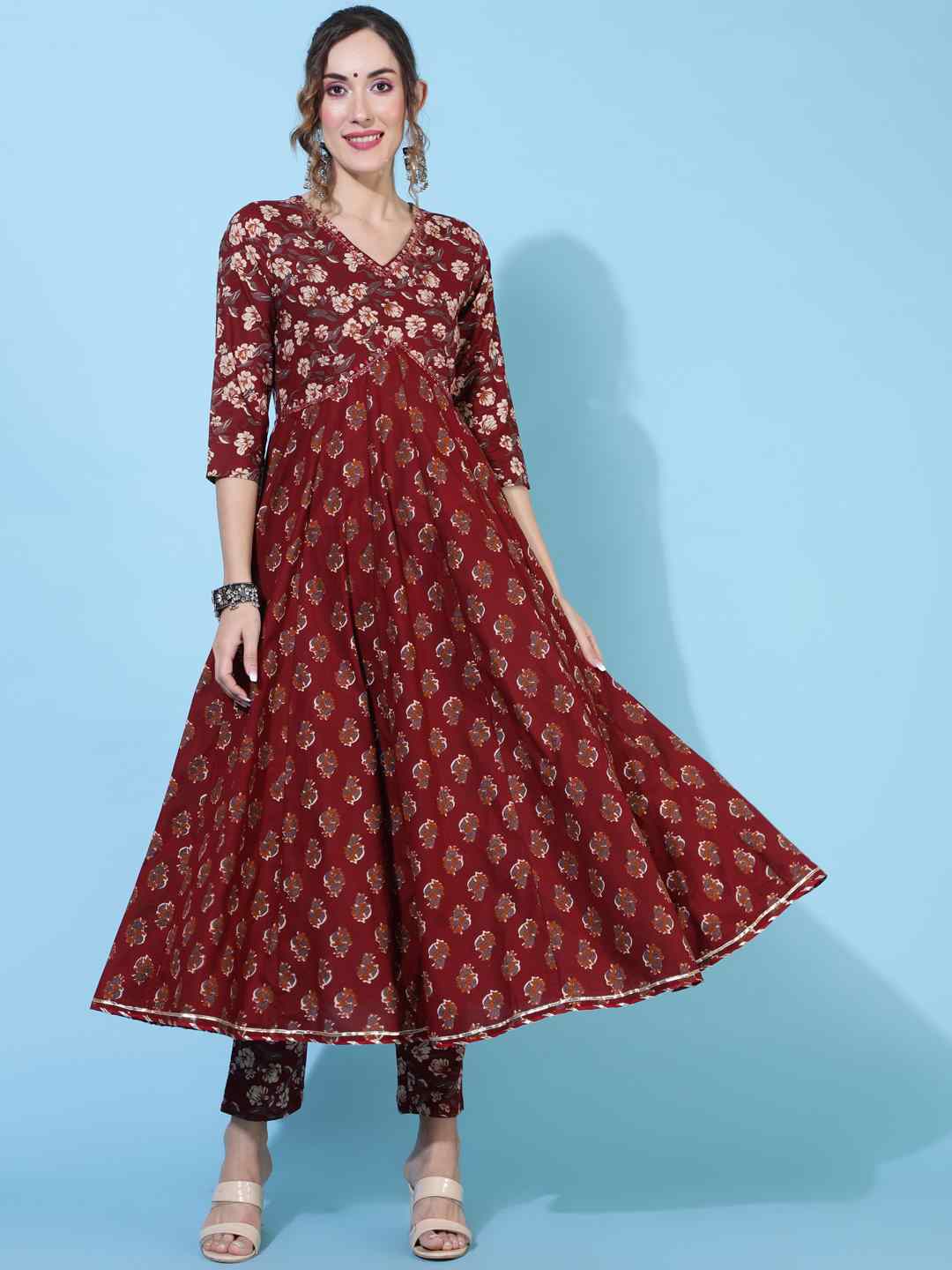 DUPATTA SET - MAROON, COTTON CALF LENGTH PRINTED FLARED