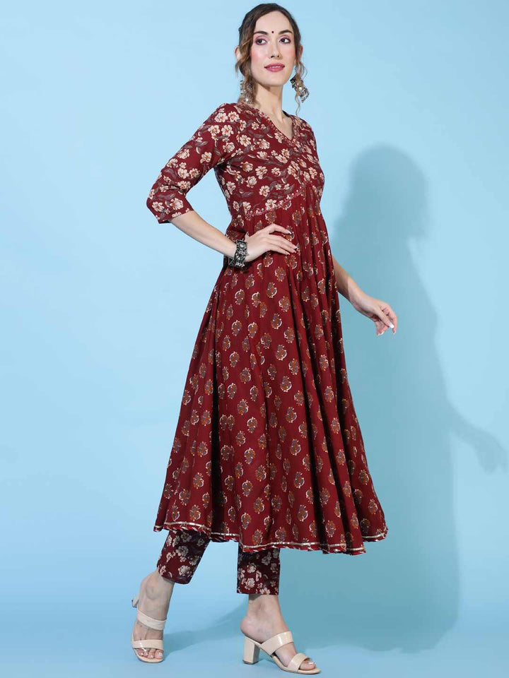 DUPATTA SET - MAROON, COTTON CALF LENGTH PRINTED FLARED