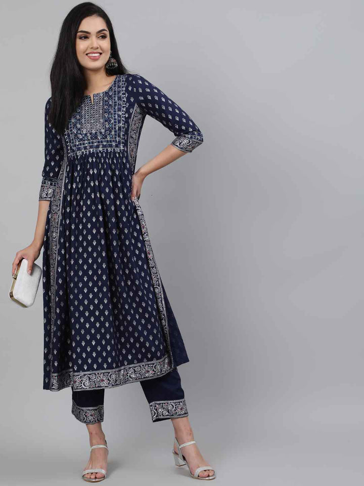 KURTA PANT - NAVY, RAYON CALF LENGTH A-LINE KURTA SET