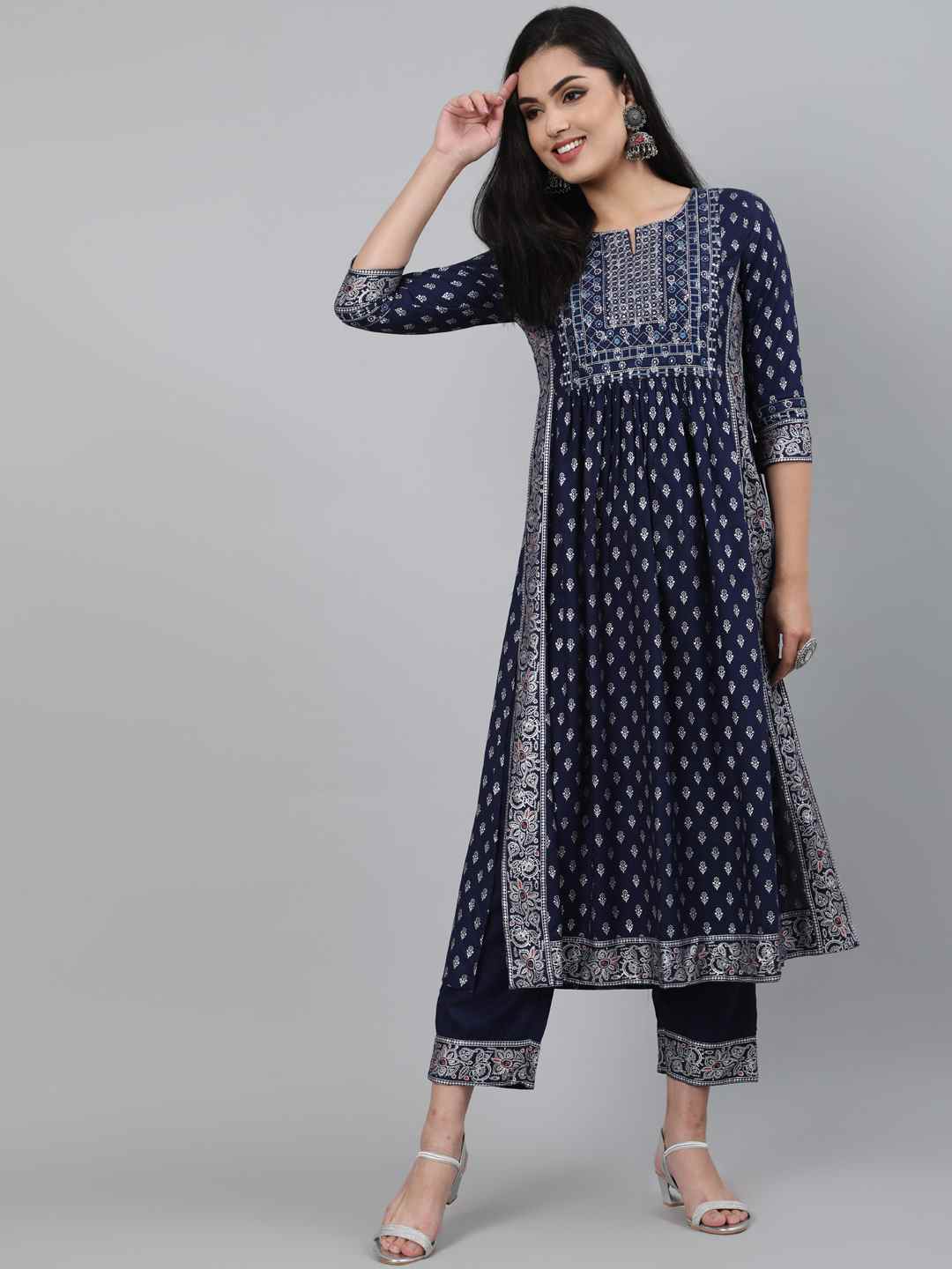 KURTA PANT - NAVY, RAYON CALF LENGTH A-LINE KURTA SET