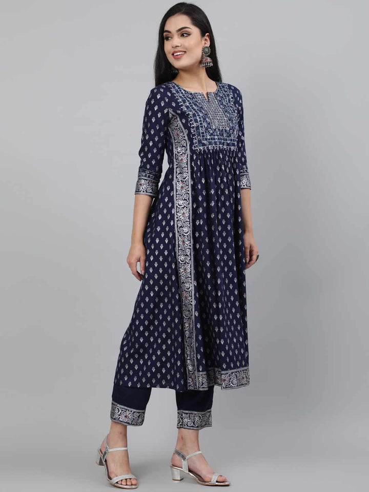 KURTA PANT - NAVY, RAYON CALF LENGTH A-LINE KURTA SET