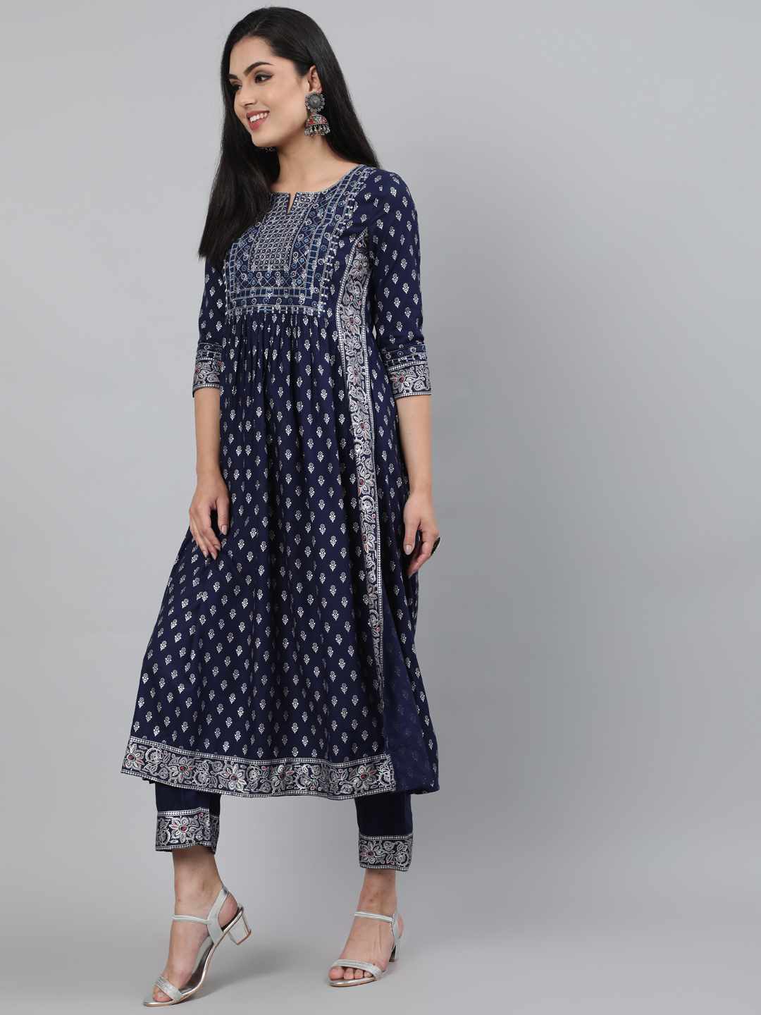 KURTA PANT - NAVY, RAYON CALF LENGTH A-LINE KURTA SET