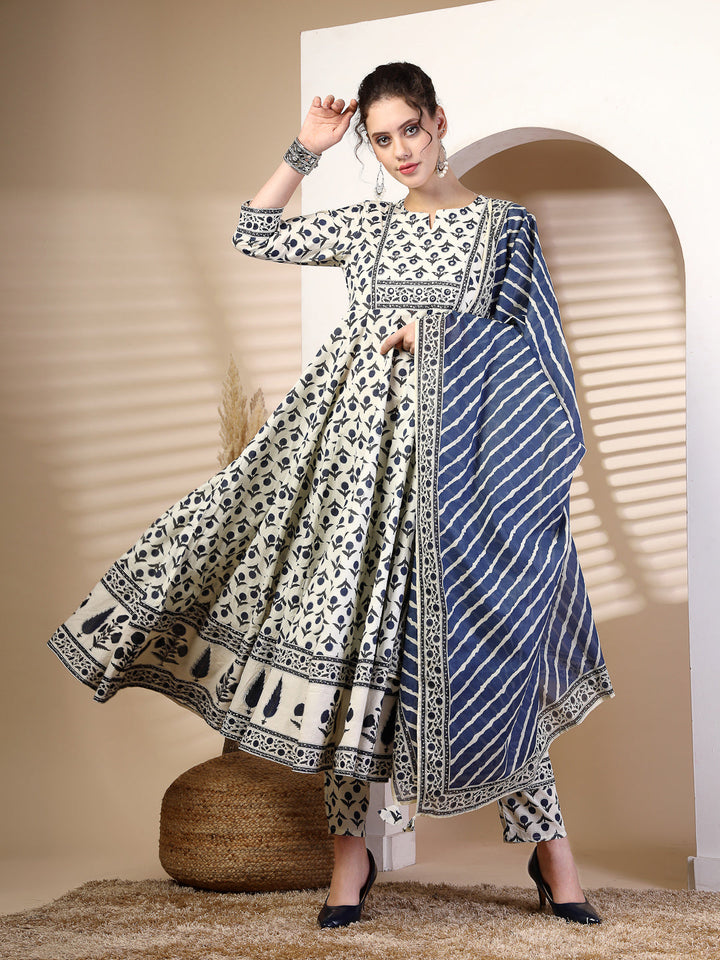 DUPATTA SET- BLUE, COTTON, FLARED