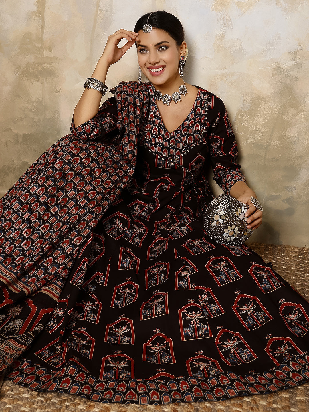 DUPATTA SET-Cotton Calf Length Printed Flared