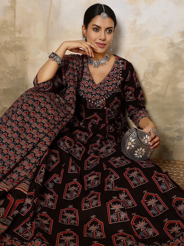 DUPATTA SET- BLACK COTTON CALF LENGTH PRINTED