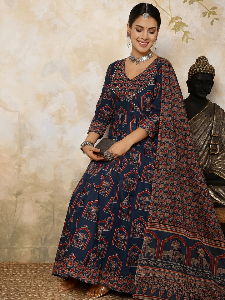 DUPATTA SET - NAVY, COTTON CALF FLARED PRINTED LENGTH