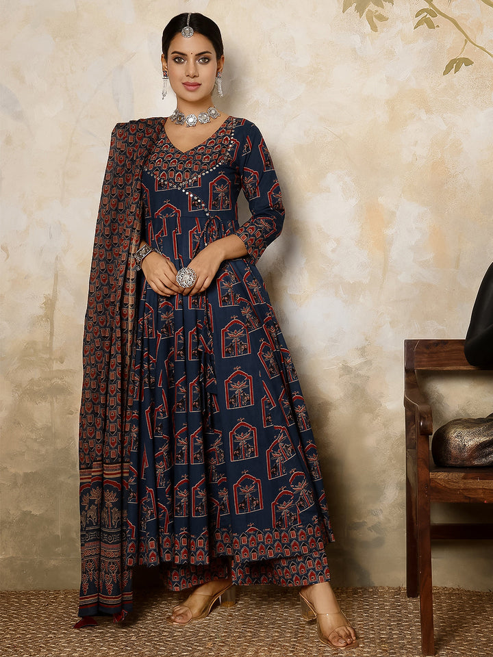 DUPATTA SET - NAVY, COTTON CALF FLARED PRINTED LENGTH