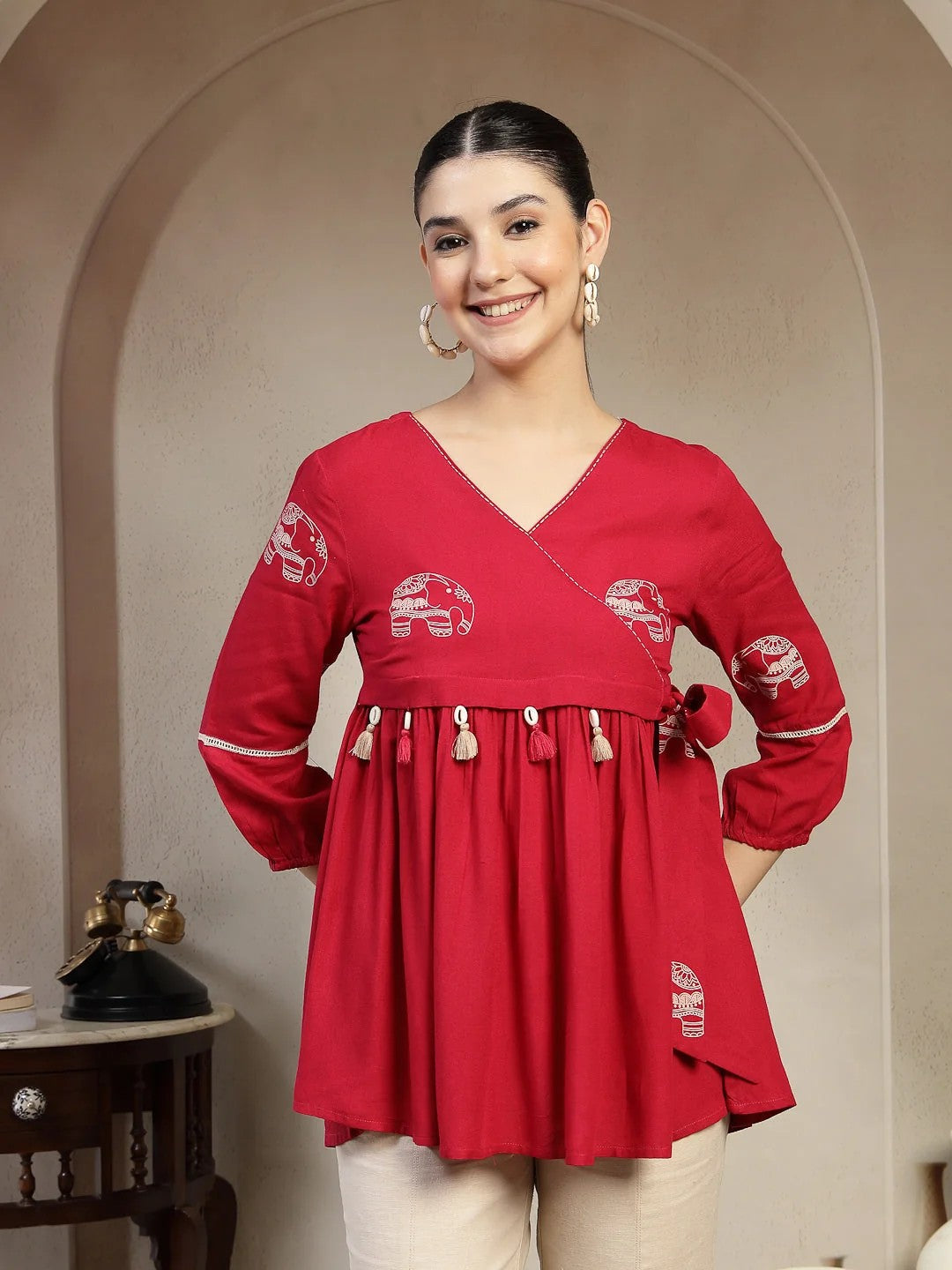 TOP-Coral Rayon Hip Length Flared