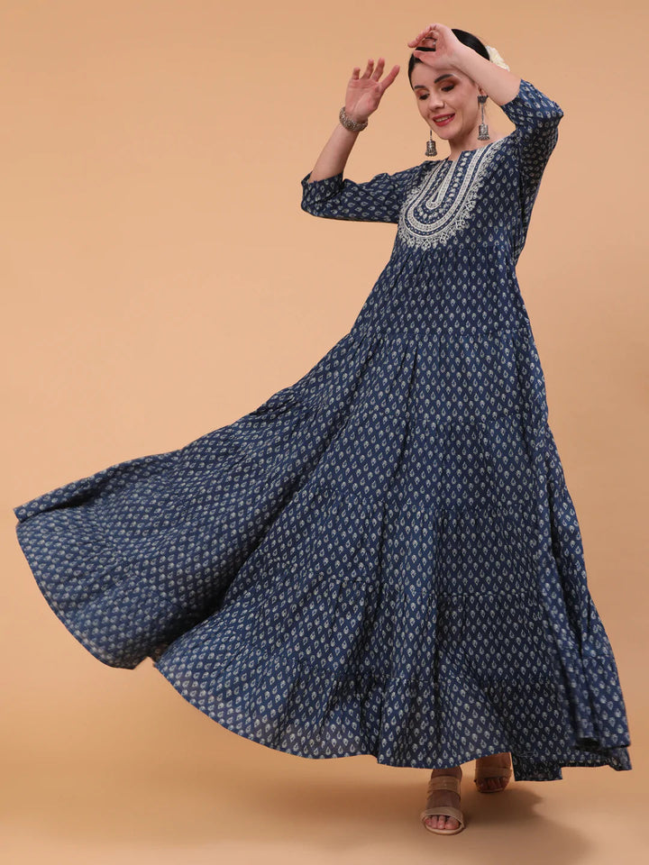 DRESS-INDIGO, COTTON PRINTED