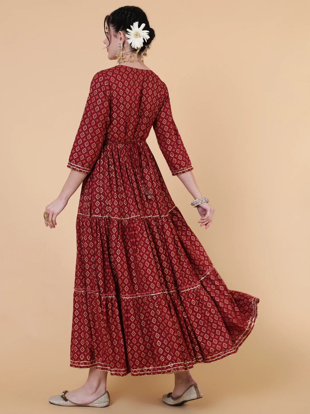 DRESS - MAROON, RAYON ANKLE LENGTH FLARED