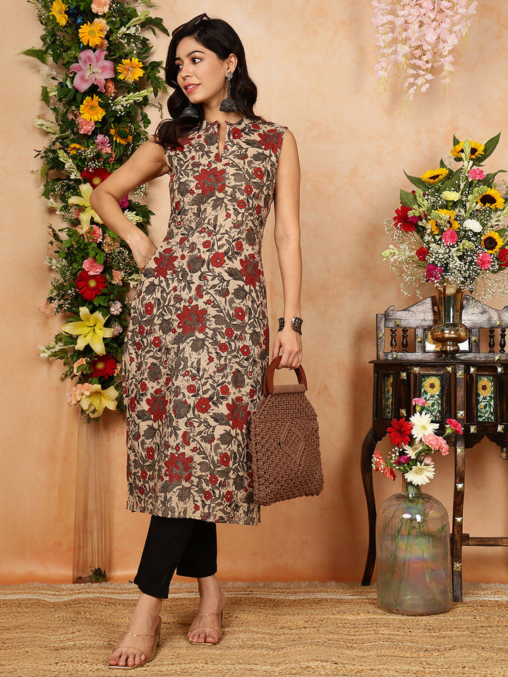 KURTA-Cotton, Sleeveless Printed Straight