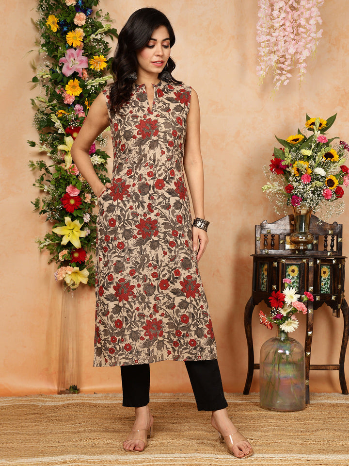KURTA-Cotton, Sleeveless Printed Straight