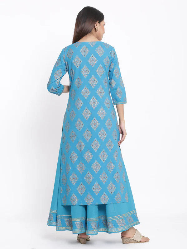 KURTA PANT - SKY BLUE, COTTON PRINTED STRAIGHT KURTA SHARARA