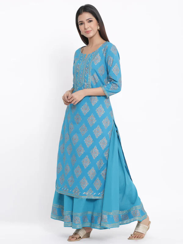 KURTA PANT - SKY BLUE, COTTON PRINTED STRAIGHT KURTA SHARARA