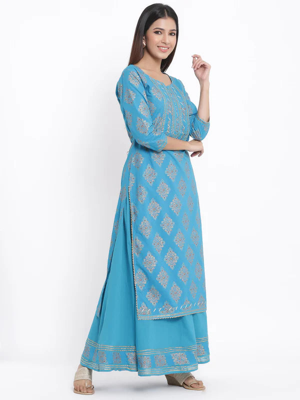 KURTA PANT - SKY BLUE, COTTON PRINTED STRAIGHT KURTA SHARARA