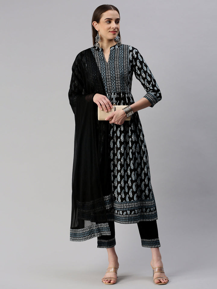 DUPATTA SET - BLACK, COTTON BLOCK PRINT NAIRA CUT