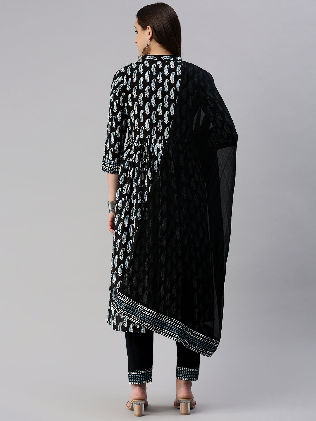 DUPATTA SET - BLACK, COTTON BLOCK PRINT NAIRA CUT