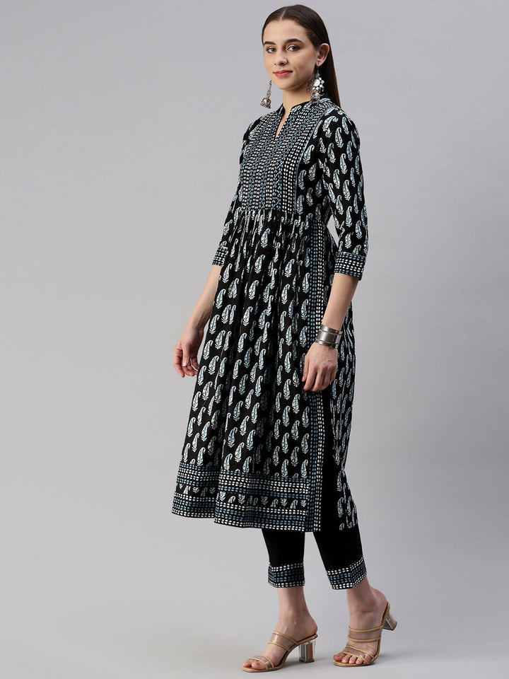 DUPATTA SET - BLACK, COTTON BLOCK PRINT NAIRA CUT