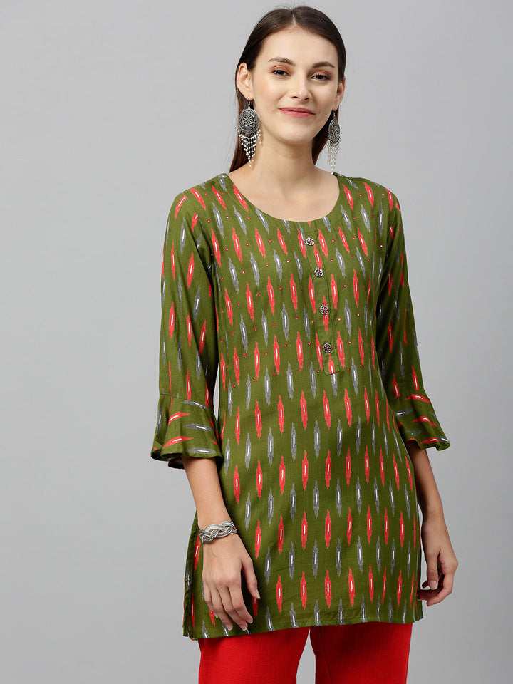 TOP - DARK GREEN, RAYON IKKAT PRINT STRAIGHT