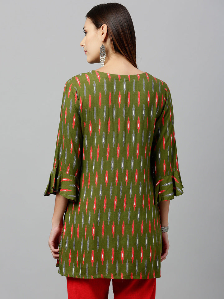 TOP - DARK GREEN, RAYON IKKAT PRINT STRAIGHT