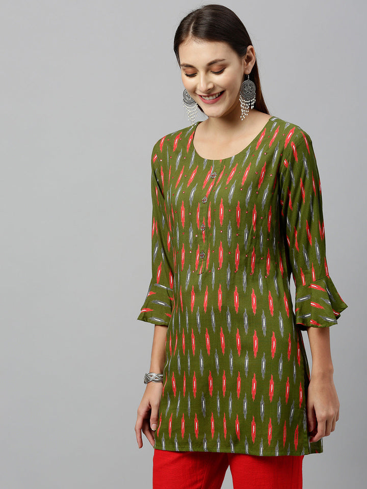 TOP - DARK GREEN, RAYON IKKAT PRINT STRAIGHT