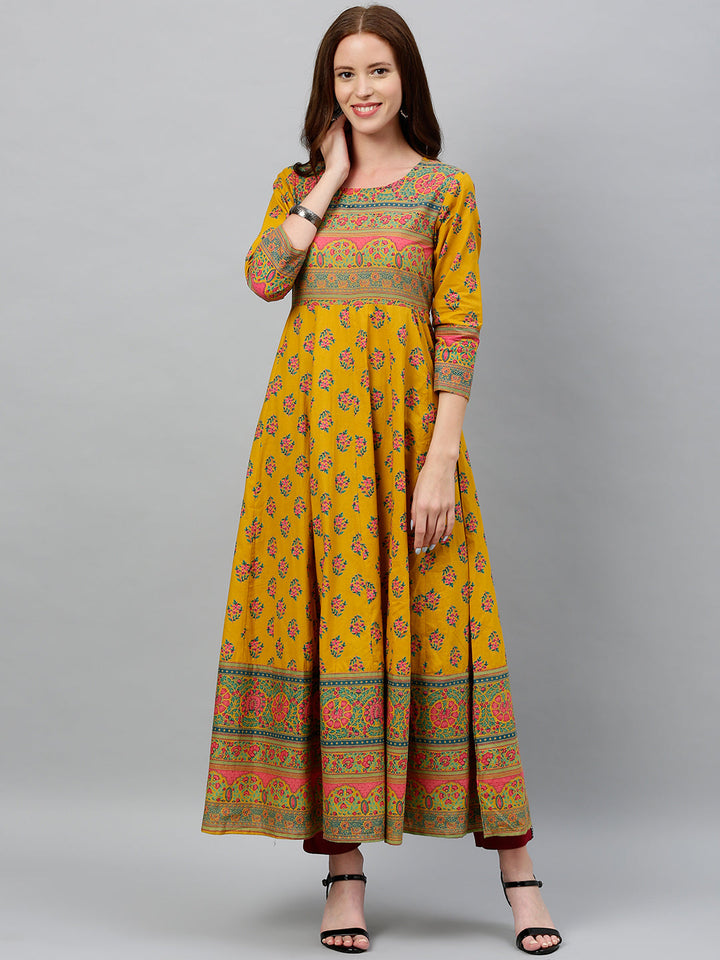 DRESS - MUSTARD, COTTON PRINTED ANARKALI KURTA