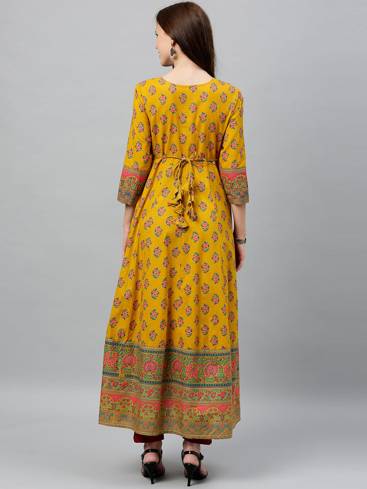 DRESS - MUSTARD, COTTON PRINTED ANARKALI KURTA