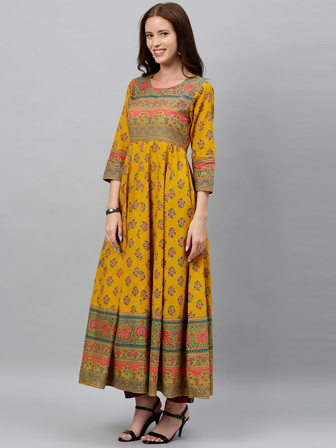 DRESS - MUSTARD, COTTON PRINTED ANARKALI KURTA