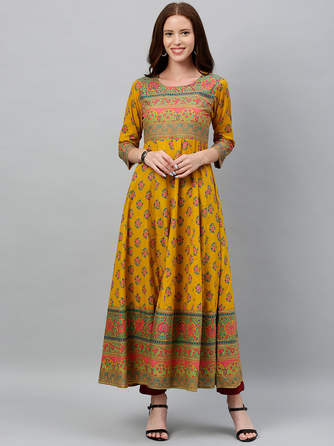 DRESS - MUSTARD, COTTON PRINTED ANARKALI KURTA