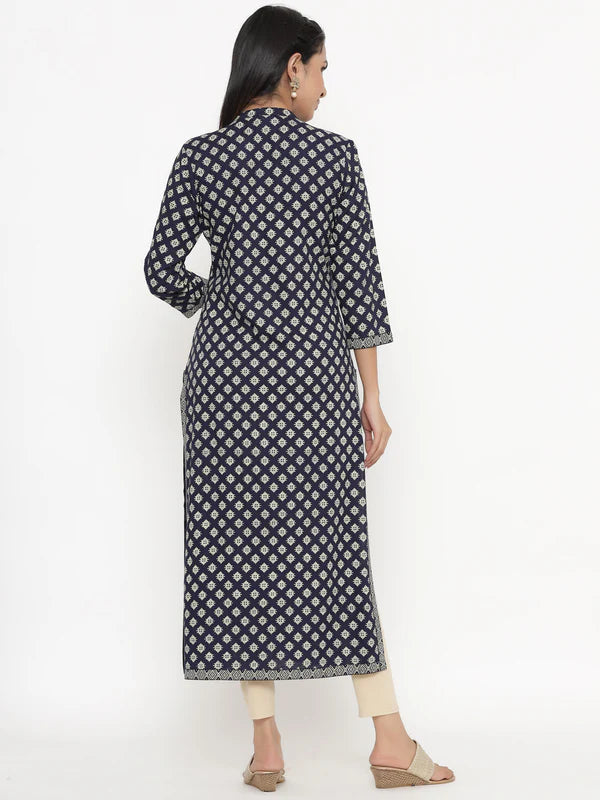 KURTA - NAVY, RAYON BLOCK PRINT STRAIGHT