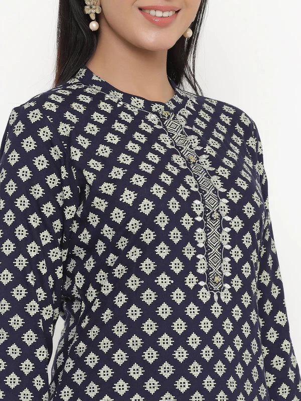 KURTA - NAVY, RAYON BLOCK PRINT STRAIGHT