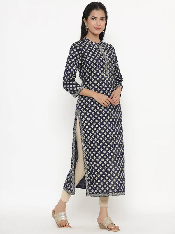 KURTA - NAVY, RAYON BLOCK PRINT STRAIGHT