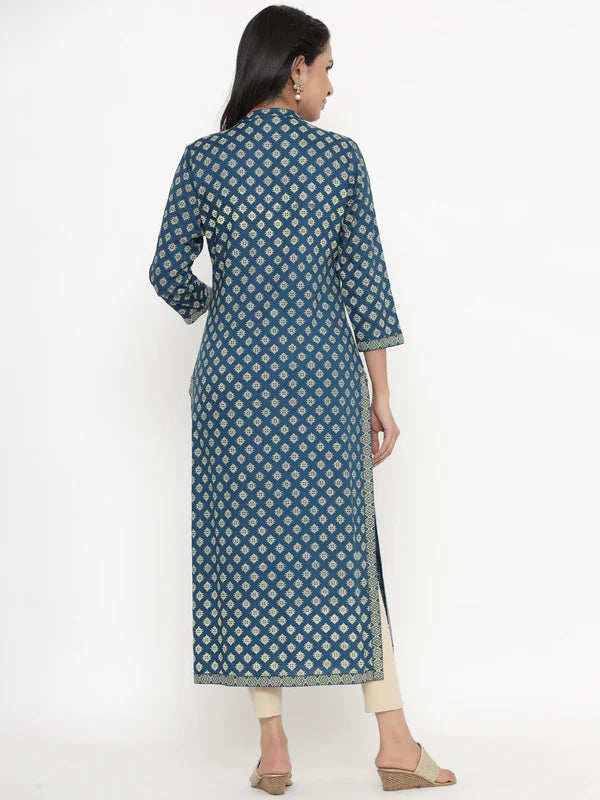 KURTA - TEAL, RAYON BLOCK PRINT STRAIGHT