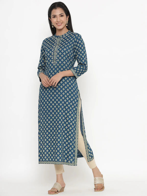 KURTA - TEAL, RAYON BLOCK PRINT STRAIGHT