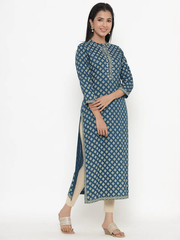 KURTA - TEAL, RAYON BLOCK PRINT STRAIGHT