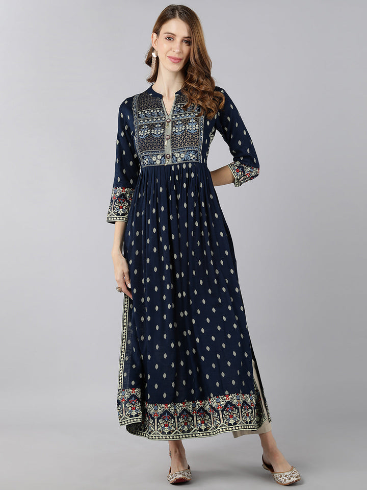 KURTA - NAVY, RAYON BLOCK PRINT A-LINE KURTA