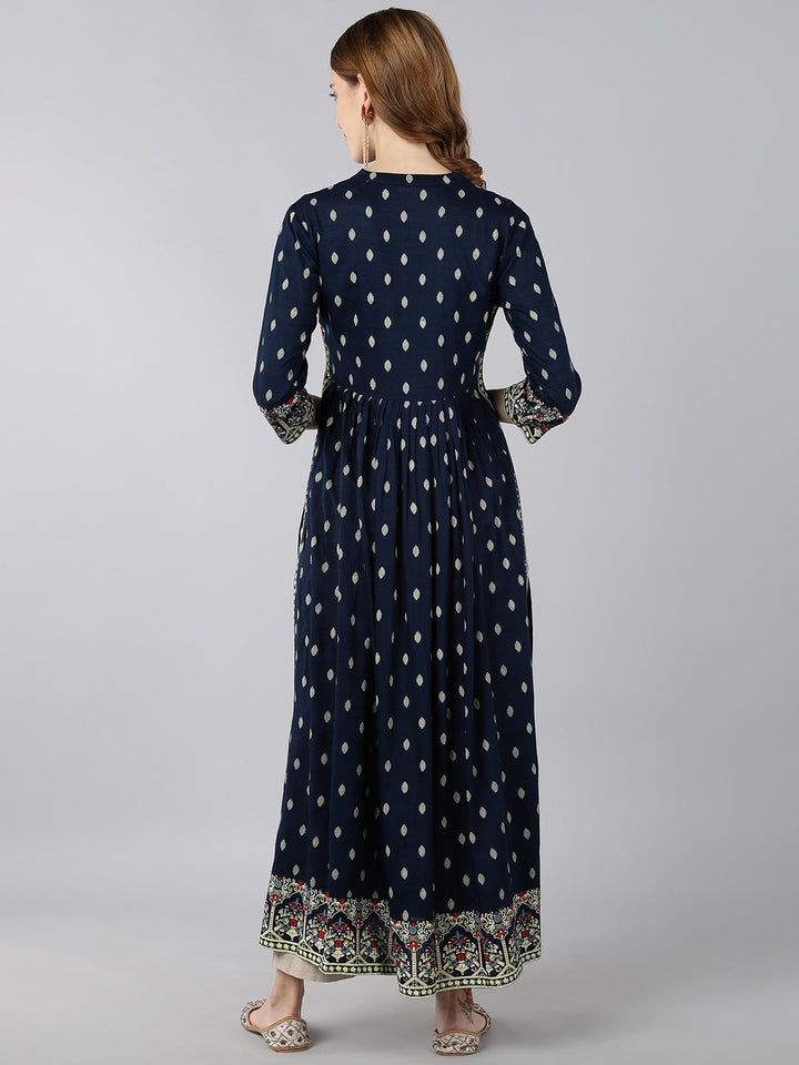 KURTA - NAVY, RAYON BLOCK PRINT A-LINE KURTA