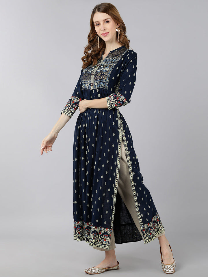 KURTA - NAVY, RAYON BLOCK PRINT A-LINE KURTA