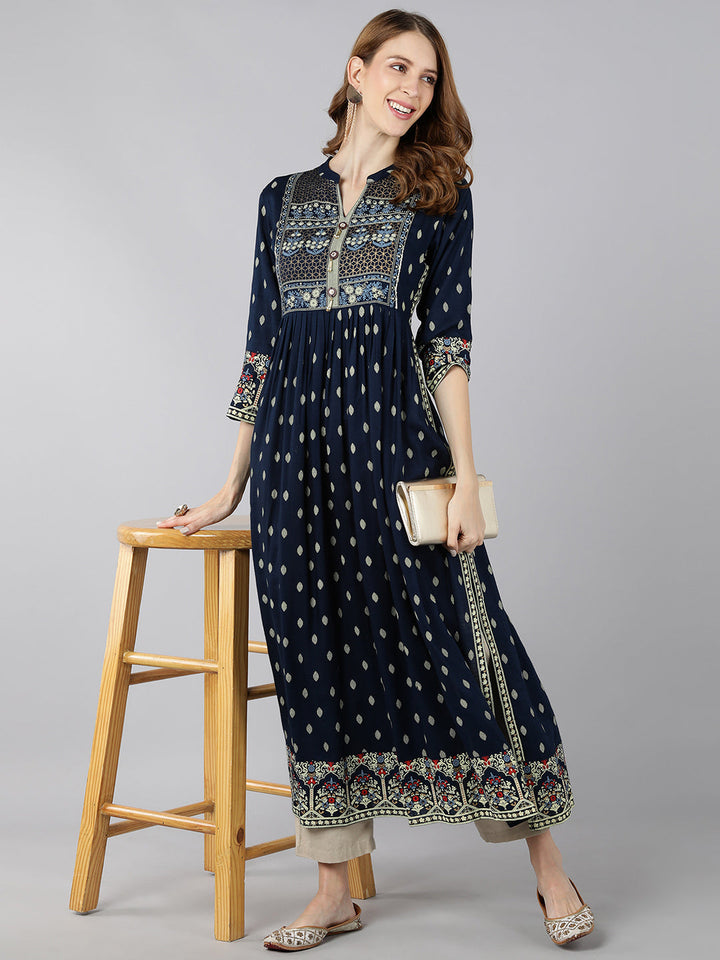 KURTA - NAVY, RAYON BLOCK PRINT A-LINE KURTA