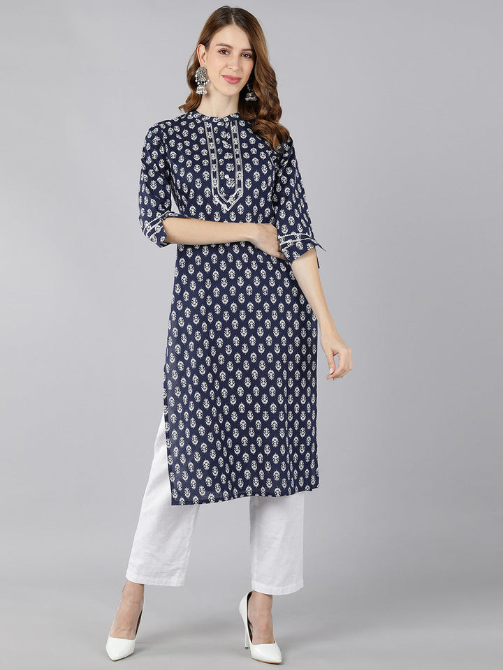 KURTA - NAVY, COTTON BLOCK PRINT STRAIGHT KURTA