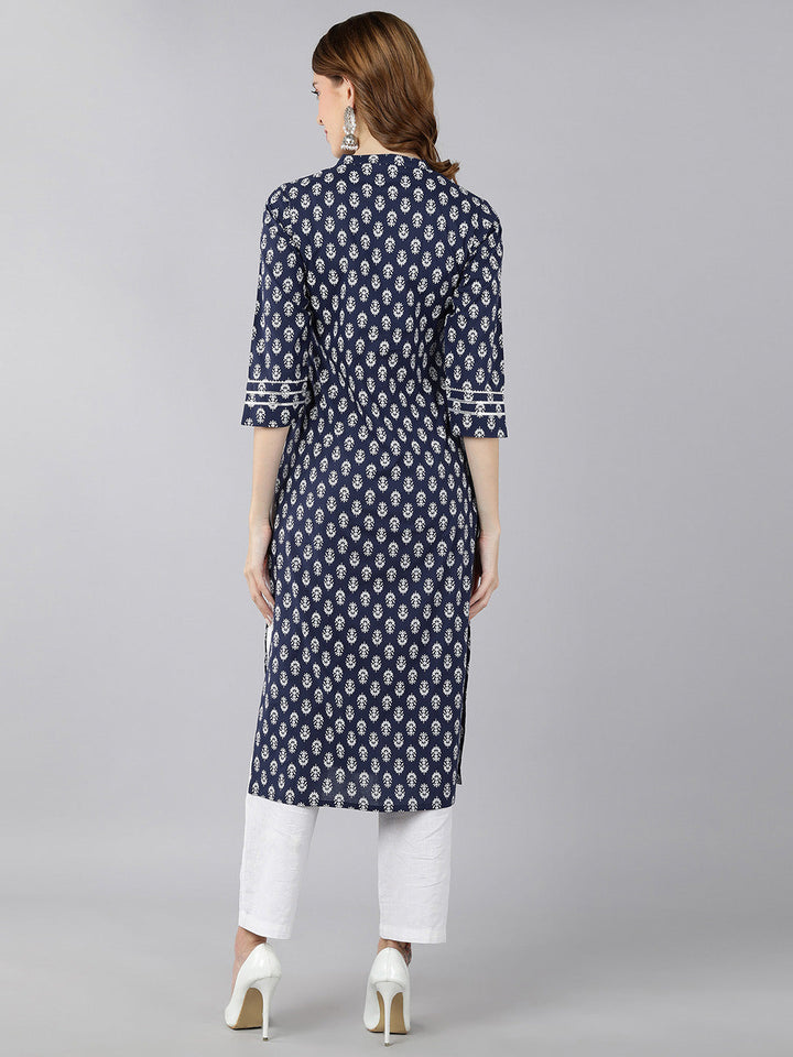 KURTA - NAVY, COTTON BLOCK PRINT STRAIGHT KURTA